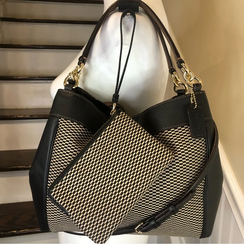 COACH Legacy Black Phoebe Jacquard Leather Shoulder Bag with Crossbody Strap